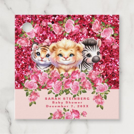 Roze Glitter Meisjes Baby Shower Wilde Dieren Bedankjes Labels (Voorkant)