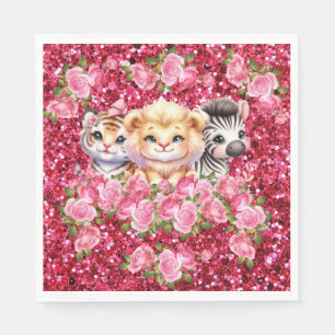 Roze Glitter Meisjes Baby Shower Wilde Dieren Servet