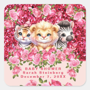 Roze Glitter Meisjes Baby Shower Wilde Dieren Vierkante Sticker