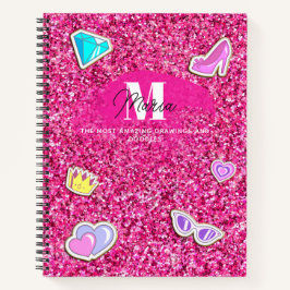 Roze Glitter Meisjesachtige Monogram Naam Schetsbo Notitieboek