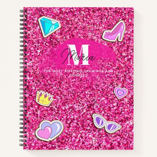 Roze Glitter Meisjesnaam Monogram Schetsboek Notitieboek (Voorkant)