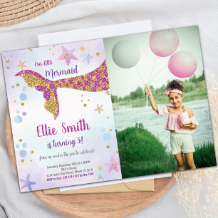 Roze Glitter Mermaid Invitations met foto Kaart