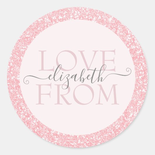 Roze glitter met liefdesnaam op maat ronde sticker (Voorkant)