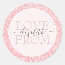 Roze glitter met liefdesnaam op maat ronde sticker