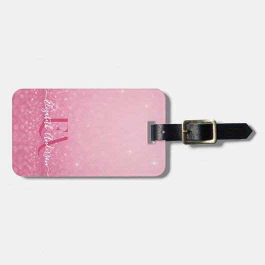 Roze glitter met naam en Initialen - Bagagelabel (Voorkant horizontaal)