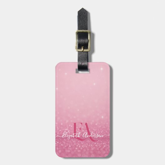 Roze glitter met naam en Initialen - Bagagelabel (Voorkant verticaal)