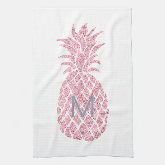 roze glitter monogram ananas theedoek (Verticaal)