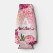 Roze Glitter monogram florale luxe Flesjeskoeler (Voorkant)