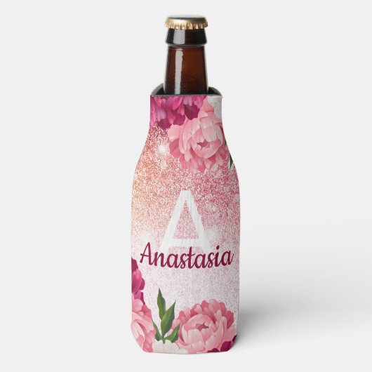 Roze Glitter monogram florale luxe Flesjeskoeler (Fles Voorkant)