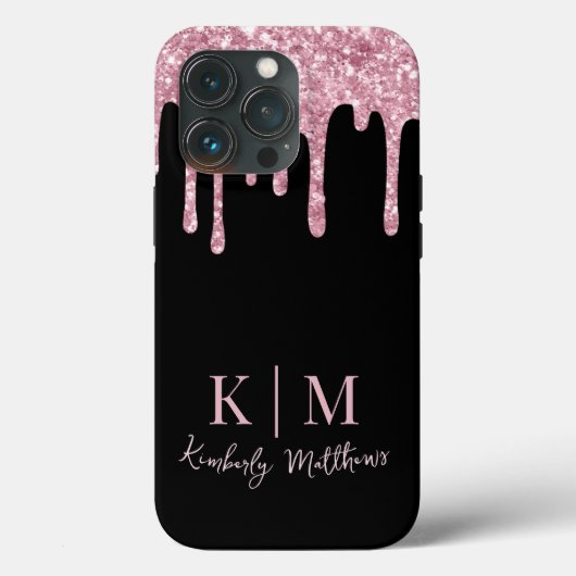 Roze Glitter Monogram Initiaal op Zwart Case-Mate iPhone Case (Achterkant)