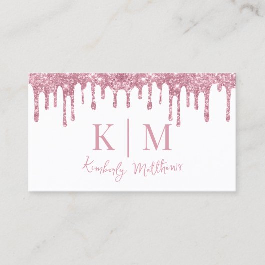 Roze Glitter Monogram Initialen op Wit Visitekaartje (Voorkant)