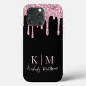 Roze Glitter Monogram Initialen op zwart Case-Mate iPhone Case (Achterkant)