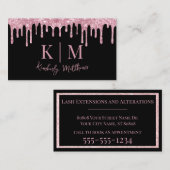 Roze Glitter Monogram Initialen op zwart Visitekaartje (Voorkant / Achterkant)