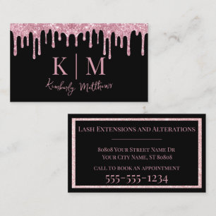 Roze Glitter Monogram Initialen op zwart Visitekaartje