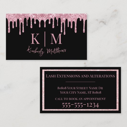 Roze Glitter Monogram Initialen op zwart Visitekaartje (Voorkant / Achterkant)