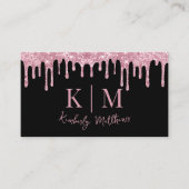 Roze Glitter Monogram Initialen op zwart Visitekaartje (Voorkant)