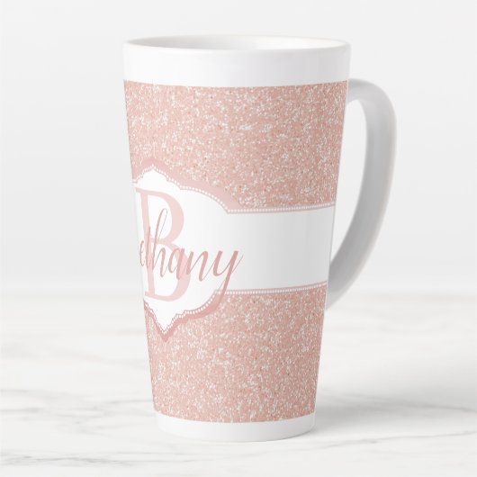Roze Glitter Monogram Latte Mok (Rechterhoek)