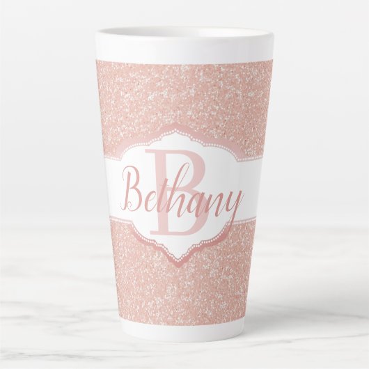 Roze Glitter Monogram Latte Mok (Voorkant)