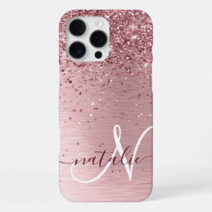 Roze Glitter Monogram Naam Met Borstelmetaal iPhone 16 Pro Max Hoesje