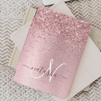 Roze Glitter Monogram Naam met Geborsteld Metaal iPad Mini Cover