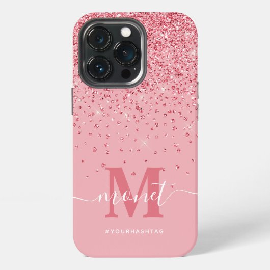 Roze Glitter Monogram Stijlvolle Script Naam iPhone Hoesje (Achterkant)