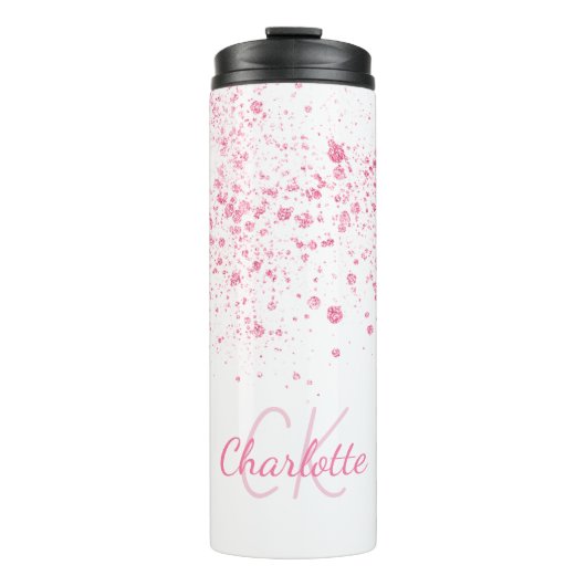Roze glitter monogram wit thermosbeker (Voorkant)