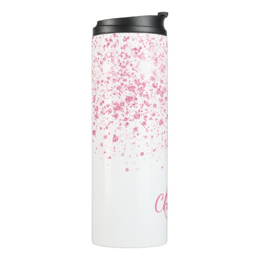 Roze glitter monogram wit thermosbeker (Gedraaid links)