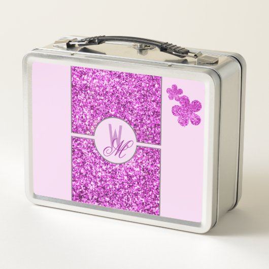 Roze glitter Monogrammed met bloemen (Achterkant)