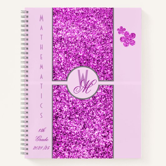 Roze glitter Monogrammed met bloemen Notitieboek (Voorkant)
