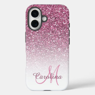 Roze glitter, naam en monogram, Girly iPhone 16 Hoesje