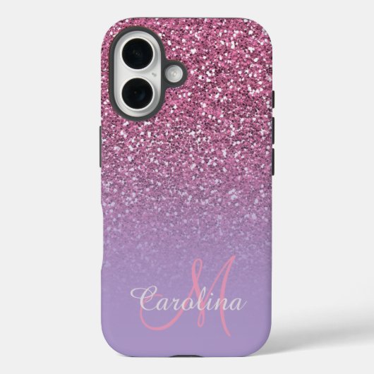 Roze glitter, naam en monogram, Girly Case-Mate iPhone Case (Achterkant)