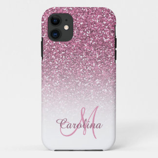 Roze glitter, naam en monogram, Girly iPhone 11 Hoesje