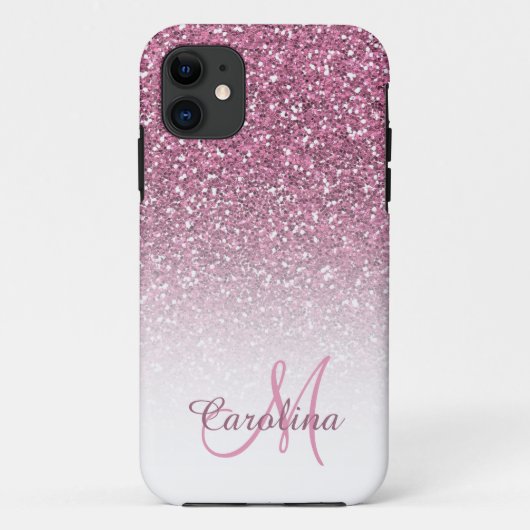 Roze glitter, naam en monogram, Girly Case-Mate iPhone Case (Achterkant)