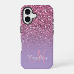 Roze glitter, naam en monogram, Girly iPhone 16 Hoesje