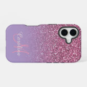 Roze glitter, naam en monogram, meisjesachtig iPhone 16 hoesje (Achterkant horizontaal)