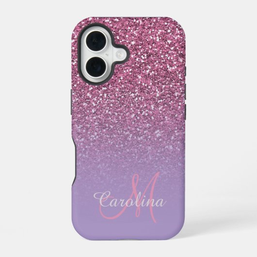 Roze glitter, naam en monogram, meisjesachtig iPhone 16 hoesje (Achterkant)
