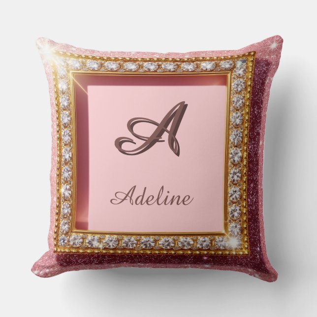 Roze Glitter Naam op Monogram Kussen (Voorkant)