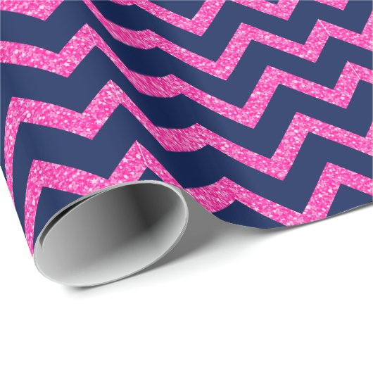 Roze glitter & Navy Blue Chevron Zigzag Pattern Cadeaupapier (Rol Hoek)