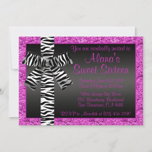 Roze glitter nodigt uit met Zebra Print Bow Kaart (Voorkant)