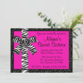 Roze glitter nodigt uit met Zebra Print Bow Kaart (Staand voorkant)