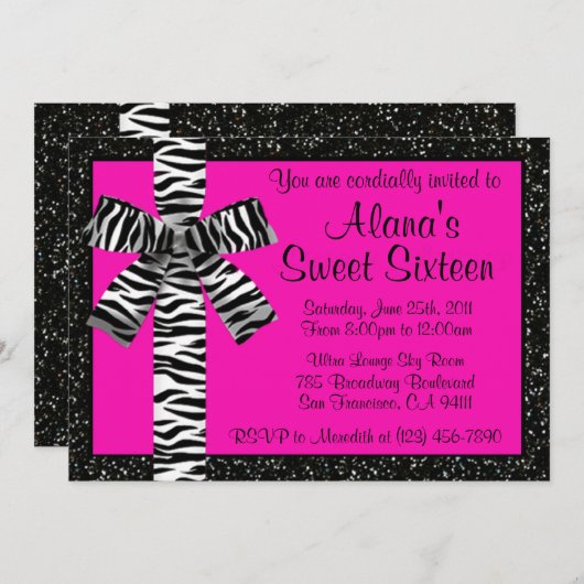 Roze glitter nodigt uit met Zebra Print Bow Kaart (Voorkant / Achterkant)