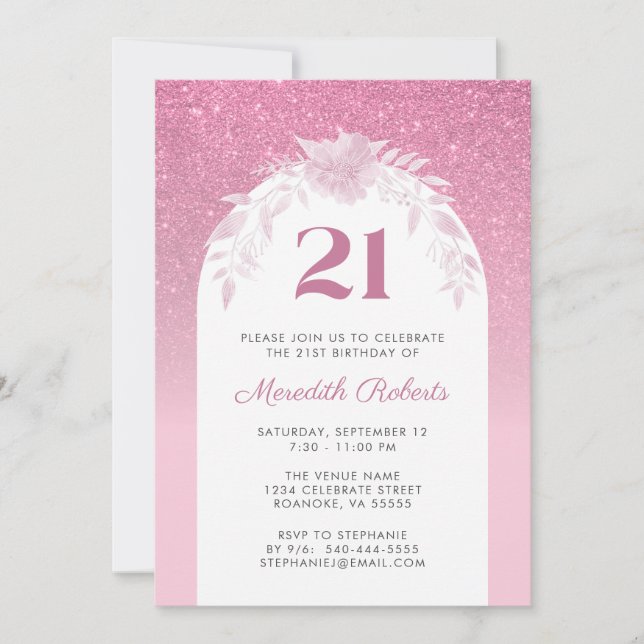 Roze Glitter Ombre 21st Birthday Party Invitation (Voorkant)