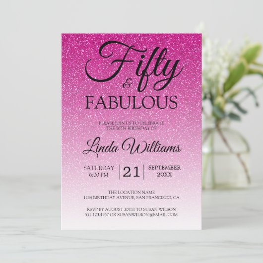 Roze Glitter Ombre 50 en FABULOUS 50ste verjaardag Kaart (Staand voorkant)