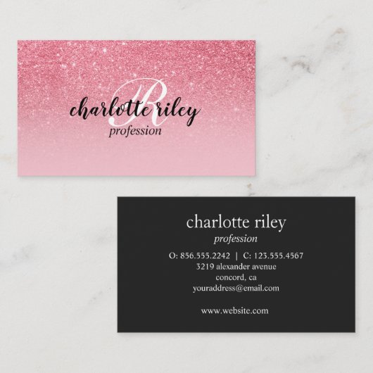 Roze Glitter Ombre Cursive Monogram Salon Makeup Visitekaartje (Voorkant / Achterkant)