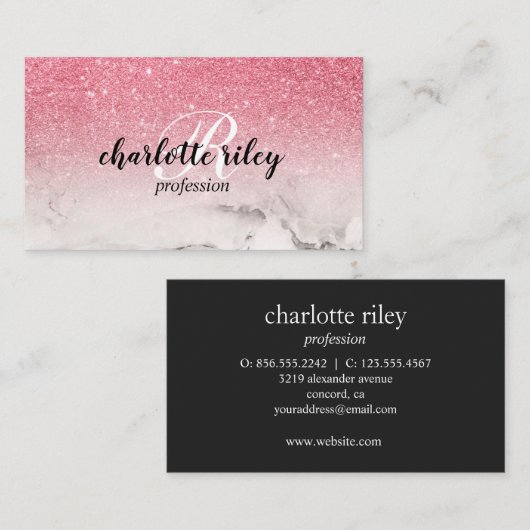 Roze Glitter Ombre Cursive Monogram Salon Makeup Visitekaartje (Voorkant / Achterkant)