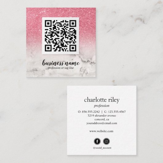 Roze Glitter Ombre Cursive QR CODE sociaal pictogr Vierkante Visitekaartje (Voorkant / Achterkant)