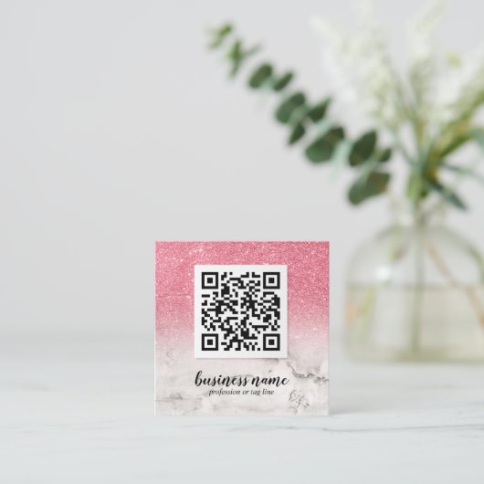 Roze Glitter Ombre Cursive QR CODE sociaal pictogr Vierkante Visitekaartje (Staand voorkant)