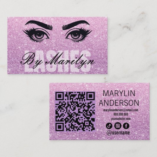 Roze Glitter Ombre Lash Tech QR-code scanbaar Visitekaartje (Voorkant / Achterkant)
