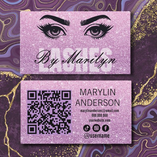 Roze Glitter Ombre Lash Tech QR-code scanbaar Visitekaartje