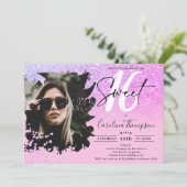 Roze glitter ombre paarse foto Sweet 16 Kaart (Staand voorkant)